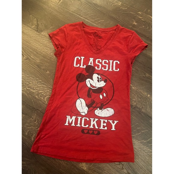 Disney Classic Mickey Mouse Graphic Tee V-Neck Short Sleeve Red - Picture 1 of 2